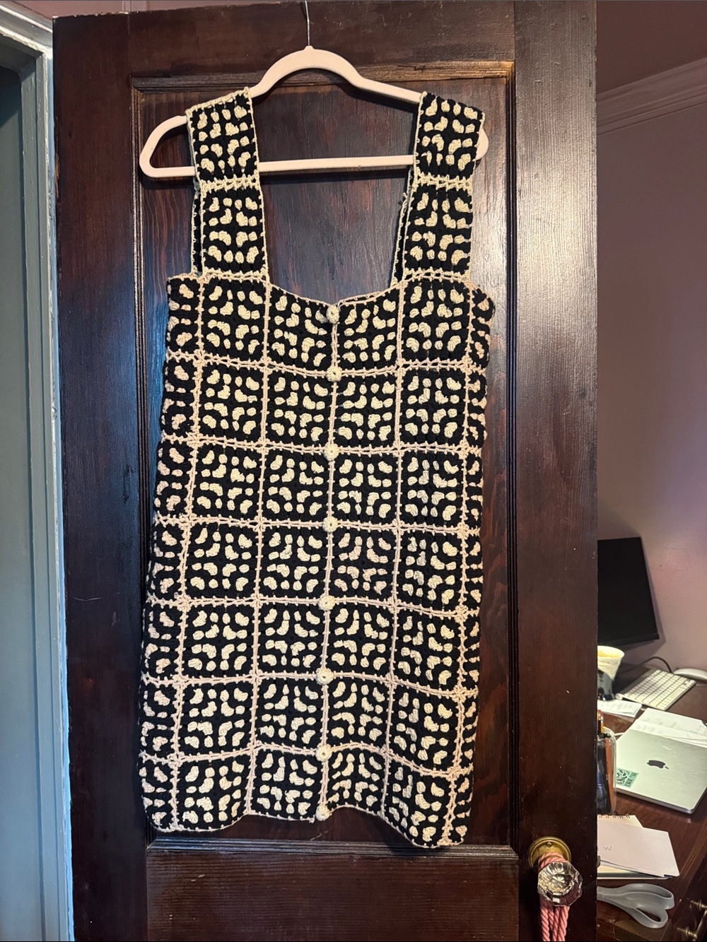 Black and Cream Crochet Mini Dress with Square Motif